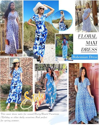 AUSELILY Women's Summer Maxi Dress Short Sleeve Floral Print Bohemian V Neck with Pockets in Kuwait