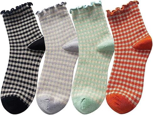 Women's Cute Ruffle Frilly Striped Color Block Cotton Knit Casual Crew Socks 4 Pairs Size 5-9 (Multi Color B) in Saudi Arabia