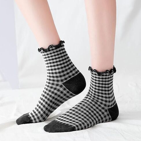 Women's Cute Ruffle Frilly Striped Color Block Cotton Knit Casual Crew Socks 4 Pairs Size 5-9 (Multi Color B) in Saudi Arabia