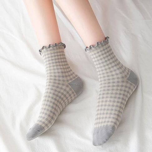 Women's Cute Ruffle Frilly Striped Color Block Cotton Knit Casual Crew Socks 4 Pairs Size 5-9 (Multi Color B) in Saudi Arabia