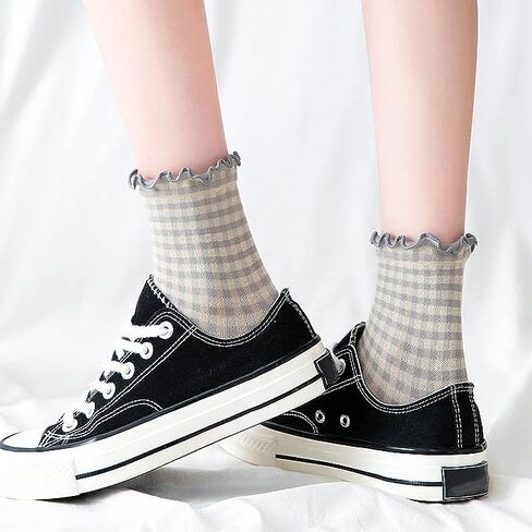 Women's Cute Ruffle Frilly Striped Color Block Cotton Knit Casual Crew Socks 4 Pairs Size 5-9 (Multi Color B) in Saudi Arabia