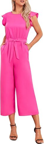 CHAMA Women Jumpsuits Crew Neck Sleeveless Ruffle Wide Leg Romper with Pockets Belted Cropped One Piece Casual Outfits in Saudi Arabia