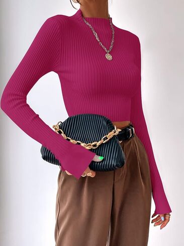SweatyRocks Women's Long Sleeve Split Cuff Cropped Sweater Mock Neck Ribbed Knit Pullover Crop Top in Saudi Arabia