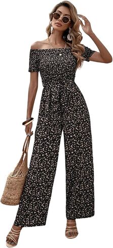 SweatyRocks Women's Casual Off Shoulder Short Sleeve Floral Tie Front Wide Leg Jumpsuit in Saudi Arabia