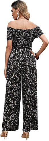 SweatyRocks Women's Casual Off Shoulder Short Sleeve Floral Tie Front Wide Leg Jumpsuit in Saudi Arabia
