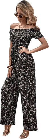 SweatyRocks Women's Casual Off Shoulder Short Sleeve Floral Tie Front Wide Leg Jumpsuit in Saudi Arabia