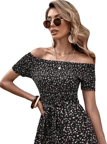 SweatyRocks Women's Casual Off Shoulder Short Sleeve Floral Tie Front Wide Leg Jumpsuit in Saudi Arabia