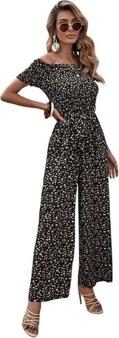 SweatyRocks Women's Casual Off Shoulder Short Sleeve Floral Tie Front Wide Leg Jumpsuit in Saudi Arabia