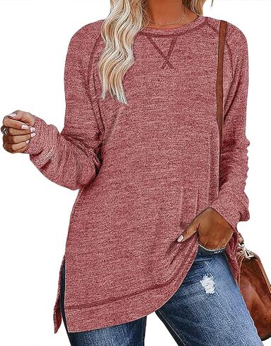 قمصان تونيك من Misyula للنساء فضفاضة تناسب الملابس الكاجوال وفتحة جانبية وأكمام طويلة وقمصان خريفية مقاس S-XXL in Kuwait