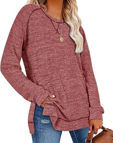 قمصان تونيك من Misyula للنساء فضفاضة تناسب الملابس الكاجوال وفتحة جانبية وأكمام طويلة وقمصان خريفية مقاس S-XXL in Kuwait