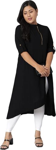 Janasya XL LOVE Indian Women's Plus Size Black Poly Crepe Kurta in Saudi Arabia