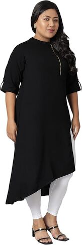 Janasya XL LOVE Indian Women's Plus Size Black Poly Crepe Kurta in Saudi Arabia