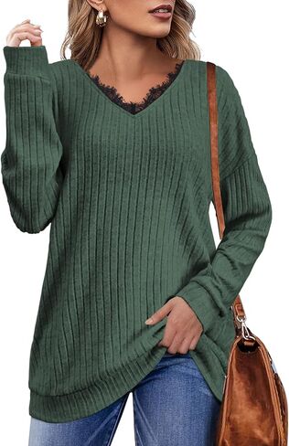 MixShe كنزات نسائية موضة خريف 2023 قمصان بأكمام طويلة ورقبة على شكل V ملابس عصرية تونك كاجوال مزخرف بالدانتيل بلوزات للسيدات أخضر كبير in Kuwait