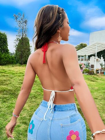 Cozyease Women's Rainbow Striped Tie Backless Crop Top Sleeveless Halter Top in Saudi Arabia