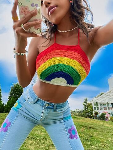 Cozyease Women's Rainbow Striped Tie Backless Crop Top Sleeveless Halter Top in Saudi Arabia