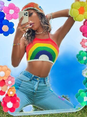 Cozyease Women's Rainbow Striped Tie Backless Crop Top Sleeveless Halter Top in Saudi Arabia