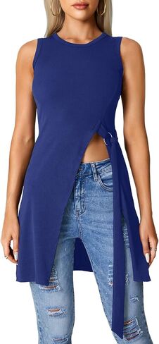 بلوزة LYANER للسيدات برقبة دائرية وفتحة جانبية وحاشية غير متماثلة بدون أكمام طويلة in Kuwait