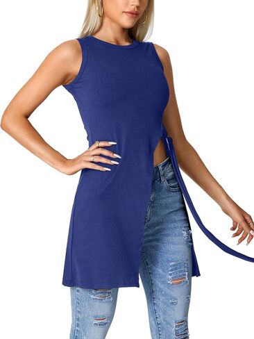 بلوزة LYANER للسيدات برقبة دائرية وفتحة جانبية وحاشية غير متماثلة بدون أكمام طويلة in Kuwait