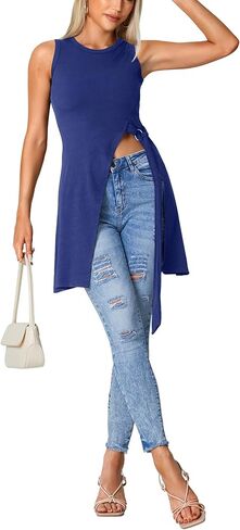 بلوزة LYANER للسيدات برقبة دائرية وفتحة جانبية وحاشية غير متماثلة بدون أكمام طويلة in Kuwait