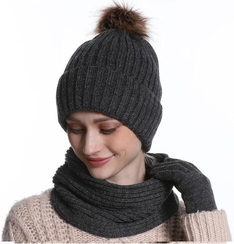 المرأة الشتاء قبعة قبعة وشاح قفازات البدلة، قبعة صغيرة مترهل الثلوج متماسكة الجمجمة كاب شاشة تعمل باللمس القفازات دائرة الأوشحة للنساء in Kuwait