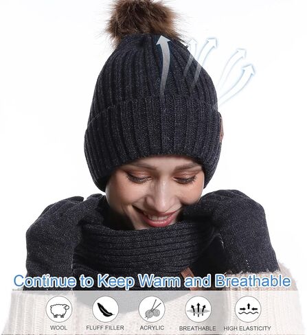 المرأة الشتاء قبعة قبعة وشاح قفازات البدلة، قبعة صغيرة مترهل الثلوج متماسكة الجمجمة كاب شاشة تعمل باللمس القفازات دائرة الأوشحة للنساء in Kuwait