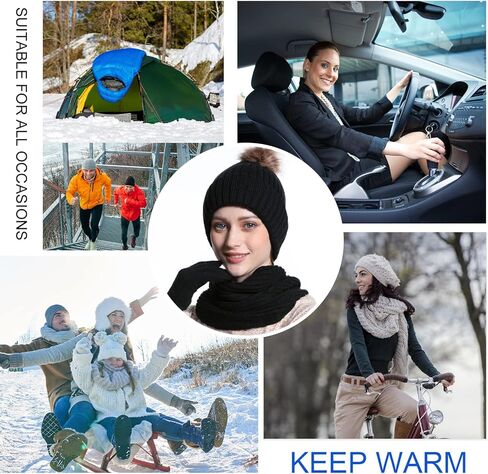 المرأة الشتاء قبعة قبعة وشاح قفازات البدلة، قبعة صغيرة مترهل الثلوج متماسكة الجمجمة كاب شاشة تعمل باللمس القفازات دائرة الأوشحة للنساء in Kuwait