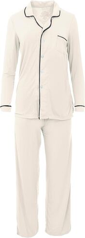 KICKEE Women’s Solid Long Sleeve Collared Pajama Top with Pants, Stretchy & Soft Bamboo Viscose Sleepwear for Women in Saudi Arabia