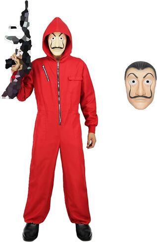Enccfoeo Mens Halloween Costume Money Red Jumpsuit Adult Gangster Robber Cosplay Outfit Coveralls with Accessories Mask in Kuwait