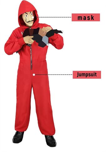Enccfoeo Mens Halloween Costume Money Red Jumpsuit Adult Gangster Robber Cosplay Outfit Coveralls with Accessories Mask in Kuwait