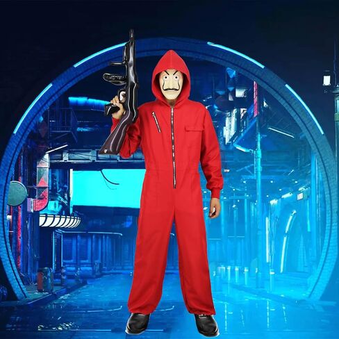 Enccfoeo Mens Halloween Costume Money Red Jumpsuit Adult Gangster Robber Cosplay Outfit Coveralls with Accessories Mask in Kuwait
