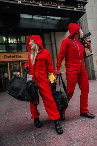 Enccfoeo Mens Halloween Costume Money Red Jumpsuit Adult Gangster Robber Cosplay Outfit Coveralls with Accessories Mask in Kuwait