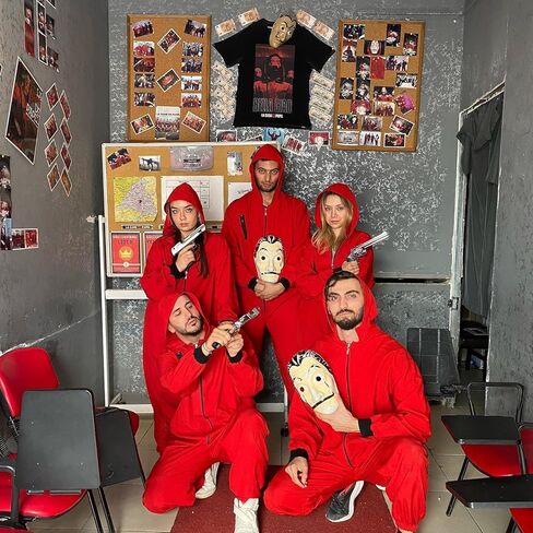 Enccfoeo Mens Halloween Costume Money Red Jumpsuit Adult Gangster Robber Cosplay Outfit Coveralls with Accessories Mask in Kuwait