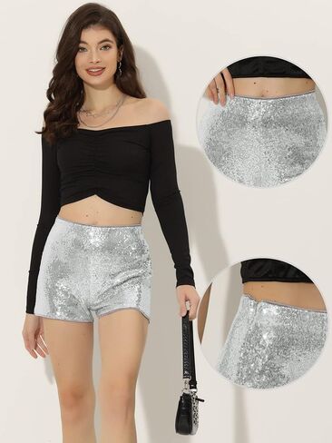 Allegra K Sequin Shorts for Women's Midrise Solid Zipper Elastic Waist Sparkle Cocktail Night Out Shorts in Saudi Arabia