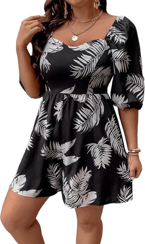 WDIRARA Women's Plus Size Tropical Print Shirred Sweetheart Neck Lantern Sleeve Rompers in Kuwait