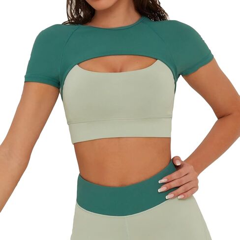 Lu's Chic Women's Crop Tops with Built-in Bra Short Sleeve Workout T Shirt Sports Fitness Active Yoga in Saudi Arabia