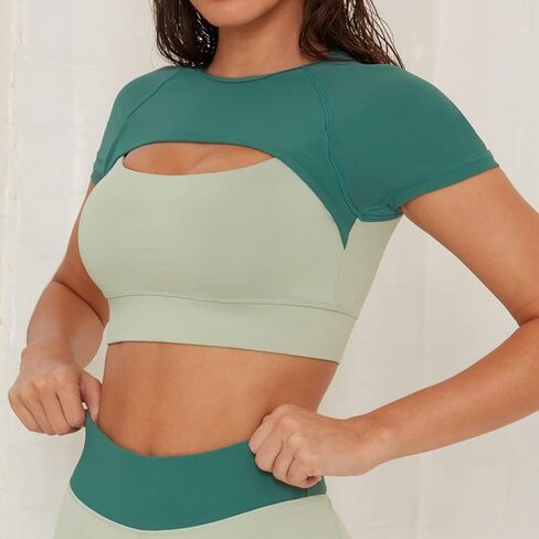 Lu's Chic Women's Crop Tops with Built-in Bra Short Sleeve Workout T Shirt Sports Fitness Active Yoga in Saudi Arabia