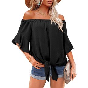 Florboom Women's Off Shoulder Tops 3/4 Bell Sleeve Tie Knot Casual Shirts Blouse