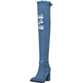 Agodor Women's Denim Thigh High Boots Cutout Over The Knee Blue Jean Boots