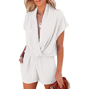 LYANER Women's Summer V Neck Wrap Ruched Front Pockets Short Sleeve Romper Jumpsuit