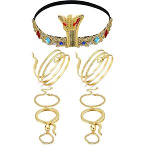 BESTEEL 5Pcs Egyptian Costume Accessories Halloween Cleopatra Headpiece Swirl Snake Upper Arm Cuff Gold Finger Ring and Hand Chain Bracelet for Women Costume in Saudi Arabia