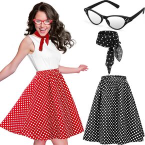 Toulite 2 Set 6 Pcs 50s Women Costumes 1950's Poodle Skirt Accessories for Women 50s Outfits Retro Black and Red Skirt Vintage Chiffon Scarf Neck Head Scarf Eye Glasses for Halloween Party in Kuwait