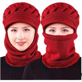 Womens Winter Warm Elastic Soft Ear Protection Knitted Scarf Mask hat Fleece Lined Beanie Hat one-Piece hat