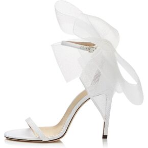 Coutgo Women's One Strap Heeled Sandals Open Toe Asymmetric Non-removable Bow Knot Satin Ankle Buckle Stiletto Summer Shoes