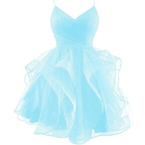 Glitter Tulle Spaghetti Straps Short Homecoming Dresses for Teens Tiered Mini Cocktail Dresses V-Neck Puffy Prom Dresses