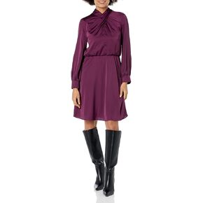 London Times Women's Wrap Neck Bishop Sleeve Blouson Waist Dress Event Occasion Guest of