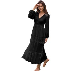 فستان طويل الأكمام من Olaesa للنساء برقبة على شكل V من الدانتيل بوهو فستان خريفي واسع لحفلات الزفاف مع جيوب in Kuwait