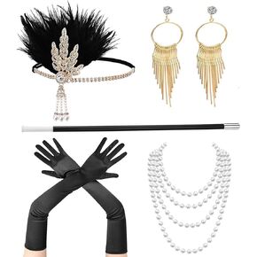 Womens 1920s Flapper Accessory Set Great Gatsby Headband Headpiece Roaring 20's Costume Accessories Pack of 5