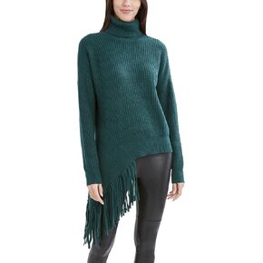 BCBGMAXAZRIA Women's Long Sleeve Turtleneck Sweater with Asymmetrical Fringe Hem