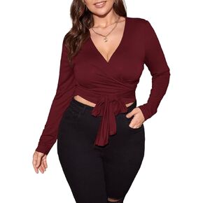 Floerns Women's Plus Size V Neck Long Sleeve Wrap Knot Front T Shirt Crop Top