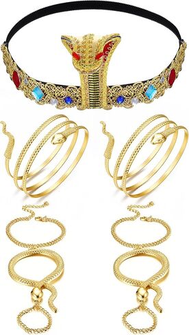 BESTEEL 5Pcs Egyptian Costume Accessories Halloween Cleopatra Headpiece Swirl Snake Upper Arm Cuff Gold Finger Ring and Hand Chain Bracelet for Women Costume in Saudi Arabia